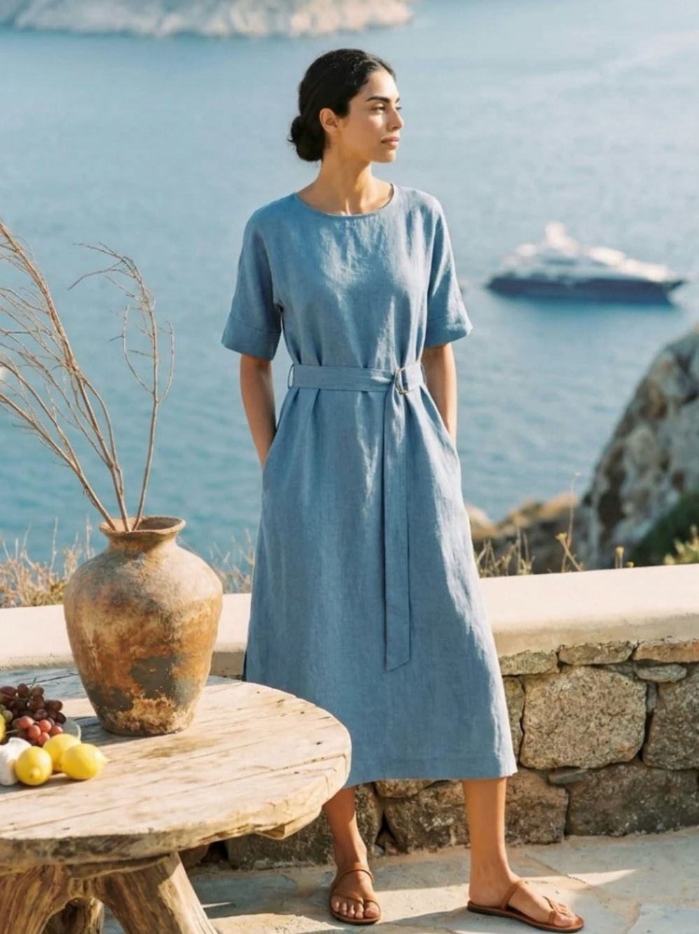 Lintico Blue 100% Linen Maddie Kimono loose maxi dress belted M LAGENLOOK - Picture 1 of 10